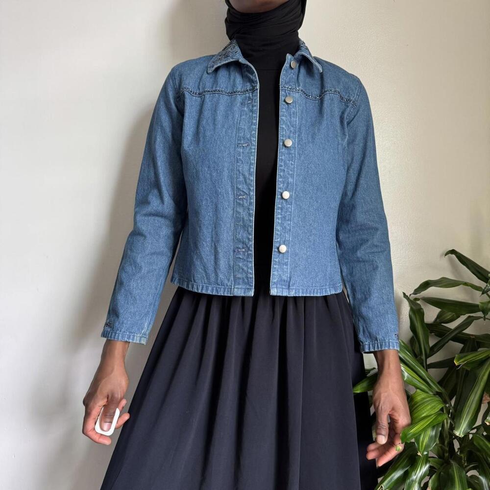 vintage button up long sleeves pearl embroidered denim shirt S